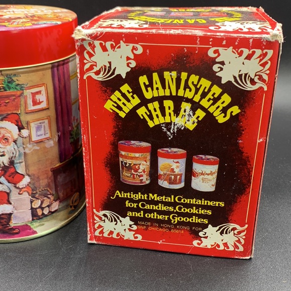 Vintage Two 80s Santa Airtight Round Metal Cookie Candy Food Containers - Picture 10 of 14